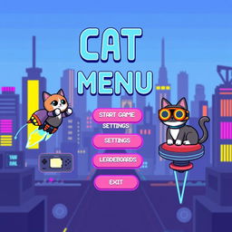 A retro-futuristic pixel art menu for a clicker video game featuring charming cats