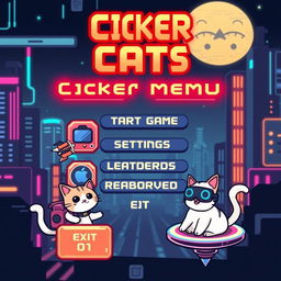 A retro-futuristic pixel art menu for a clicker video game featuring charming cats