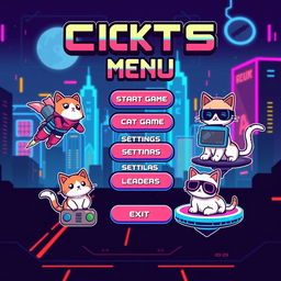 A retro-futuristic pixel art menu for a clicker video game featuring charming cats