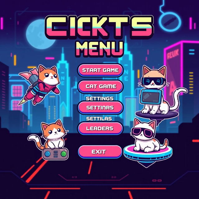 A retro-futuristic pixel art menu for a clicker video game featuring charming cats