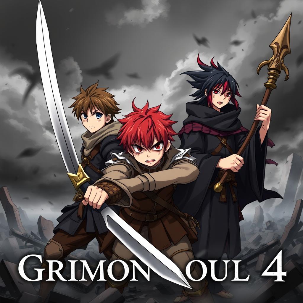 A dark fantasy anime cover titled "Grimon Soul 4" featuring three beaten and angry 16-year-old boys