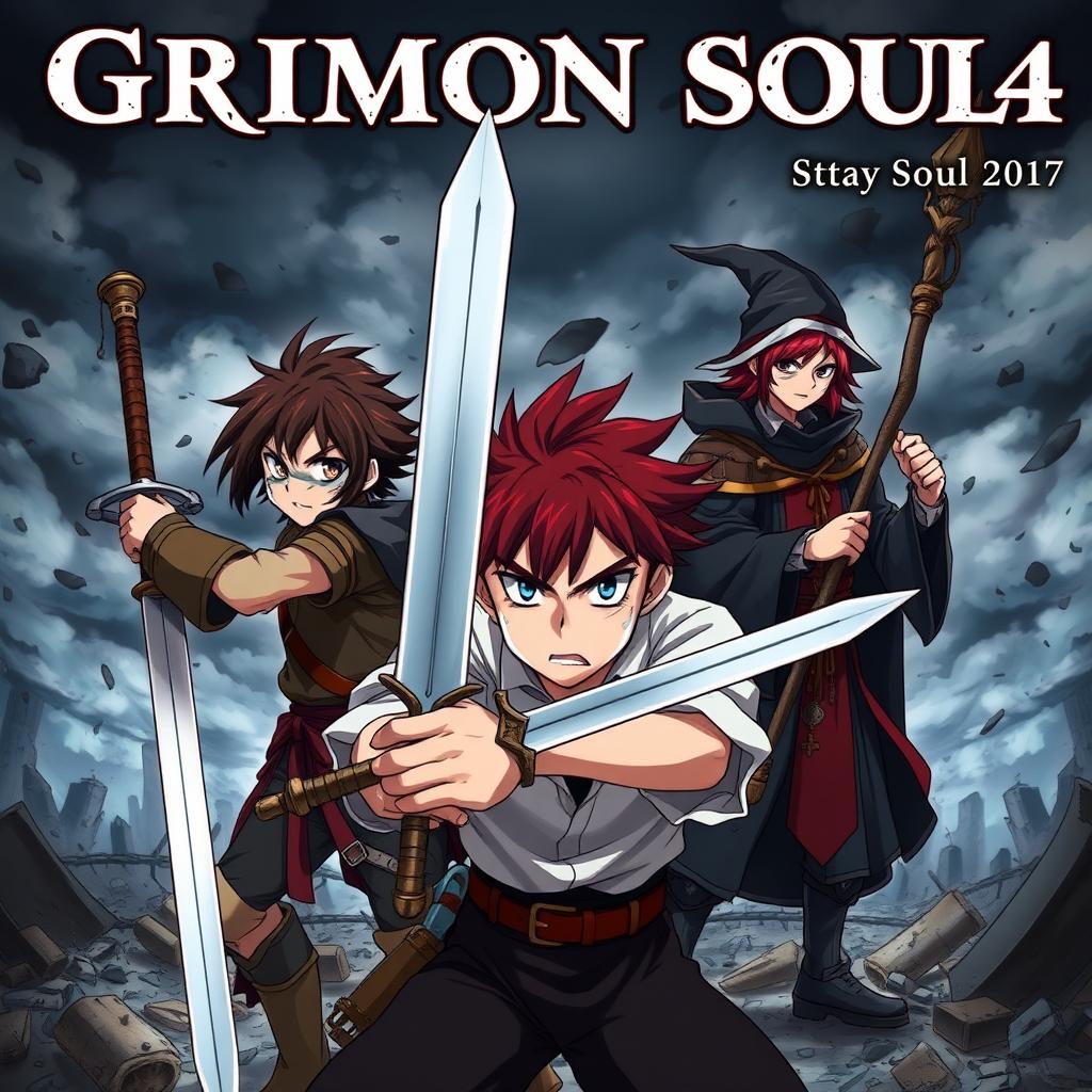 A dark fantasy anime cover titled "Grimon Soul 4" featuring three beaten and angry 16-year-old boys