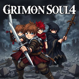 A dark fantasy anime cover titled "Grimon Soul 4" featuring three beaten and angry 16-year-old boys