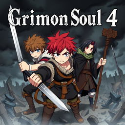 A dark fantasy anime cover titled "Grimon Soul 4" featuring three beaten and angry 16-year-old boys