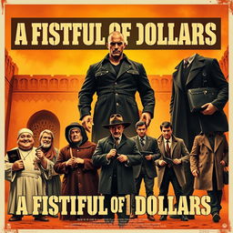 A vintage movie poster inspired by 'A Fistful of Dollars' featuring a striking Moroccan background, with a dramatic and warm color palette