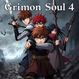 A dark fantasy anime cover titled "Grimon Soul 4" featuring three beaten and angry 18-year-old boys