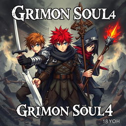 A dark fantasy anime cover titled "Grimon Soul 4" featuring three beaten and angry 18-year-old boys