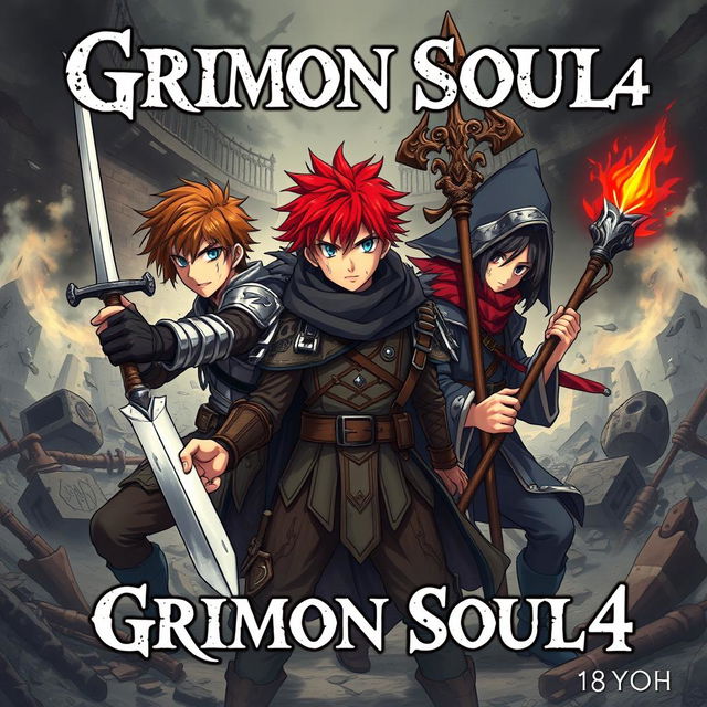 A dark fantasy anime cover titled "Grimon Soul 4" featuring three beaten and angry 18-year-old boys