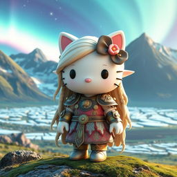 A captivating 3D illustration of an old-fashioned Hello Kitty as a valkyrie elf, set in a stunning Icelandic landscape