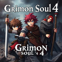 A dark fantasy anime cover titled "Grimon Soul 4" featuring three beaten and angry 18-year-old boys