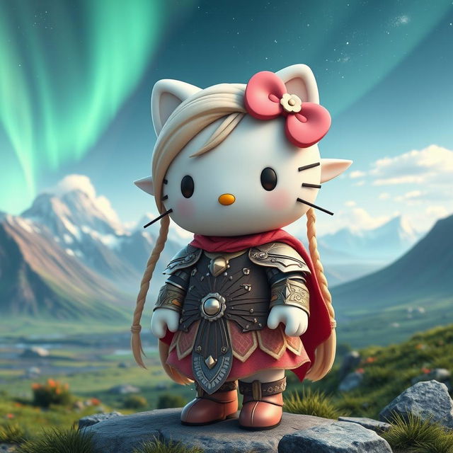 A captivating 3D illustration of an old-fashioned Hello Kitty as a valkyrie elf, set in a stunning Icelandic landscape