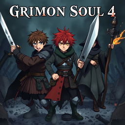 A dark fantasy anime cover titled "Grimon Soul 4" featuring three beaten and angry 18-year-old boys