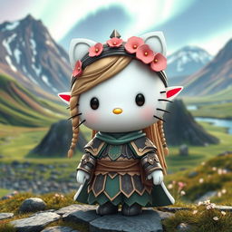 A captivating 3D illustration of an old-fashioned Hello Kitty as a valkyrie elf, set in a stunning Icelandic landscape