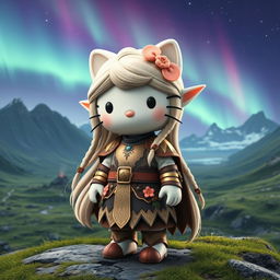 A captivating 3D illustration of an old-fashioned Hello Kitty as a valkyrie elf, set in a stunning Icelandic landscape