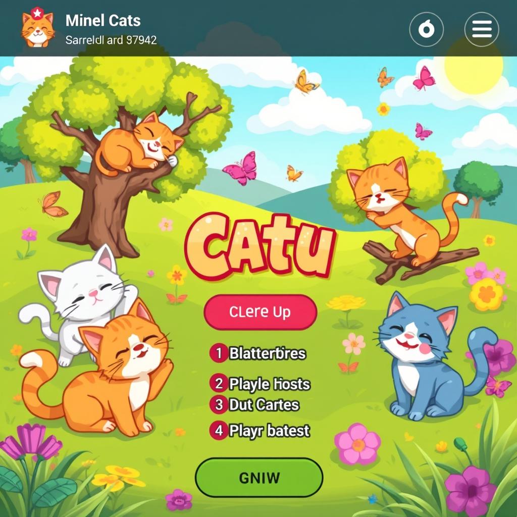 A vibrant pixel art background for a video game menu featuring whimsical cats in various playful poses