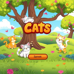 A vibrant pixel art background for a video game menu featuring whimsical cats in various playful poses