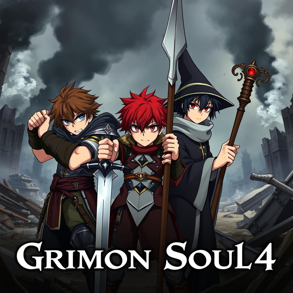 A dark fantasy anime cover titled "Grimon Soul 4" featuring three beaten and angry 18-year-old boys