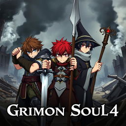 A dark fantasy anime cover titled "Grimon Soul 4" featuring three beaten and angry 18-year-old boys