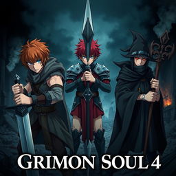 A dark fantasy anime cover titled "Grimon Soul 4" featuring three beaten and angry 18-year-old boys