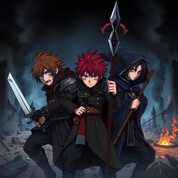 A dark fantasy anime cover titled "Grimon Soul 4" featuring three beaten and angry 18-year-old boys