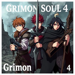 A dark fantasy anime cover titled "Grimon Soul 4" featuring three beaten and angry 18-year-old boys