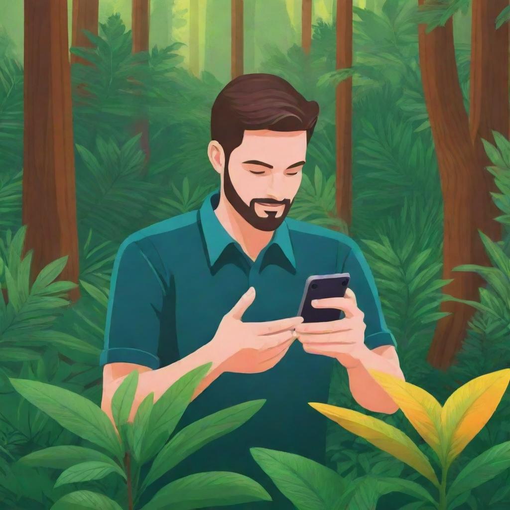 A colorful vector-design of a man in a lush forest, scanning a plant with his smartphone. The image should be 1920x1080, suitable for a web application background.