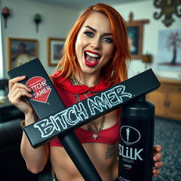 A close-up portrait shot capturing a gorgeous female redhead with a large chest dressed in a tank top adorned with punk-style chains