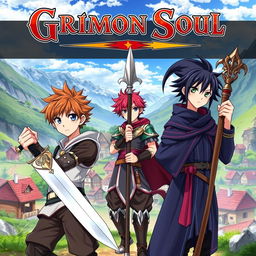 An anime cover titled "Grimon Soul" featuring three 16-year-old boys in a fantasy setting