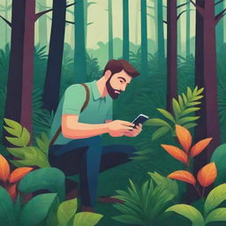 A colorful vector-design of a man in a lush forest, scanning a plant with his smartphone. The image should be 1920x1080, suitable for a web application background.