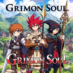 An anime cover titled "Grimon Soul" featuring three 16-year-old boys in a fantasy setting