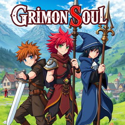 An anime cover titled "Grimon Soul" featuring three 16-year-old boys in a fantasy setting