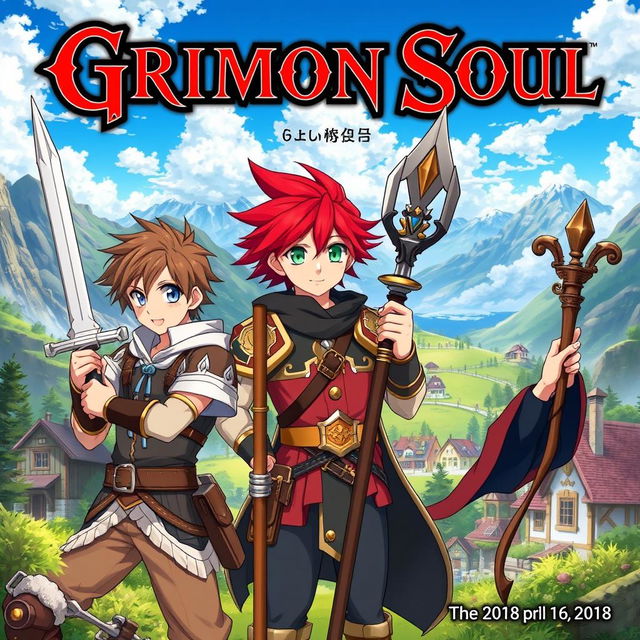 An anime cover titled "Grimon Soul" featuring three 16-year-old boys in a fantasy setting