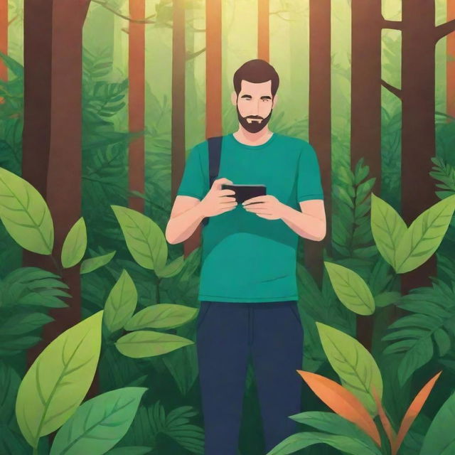 A colorful vector-design of a man in a lush forest, scanning a plant with his smartphone. The image should be 1920x1080, suitable for a web application background.