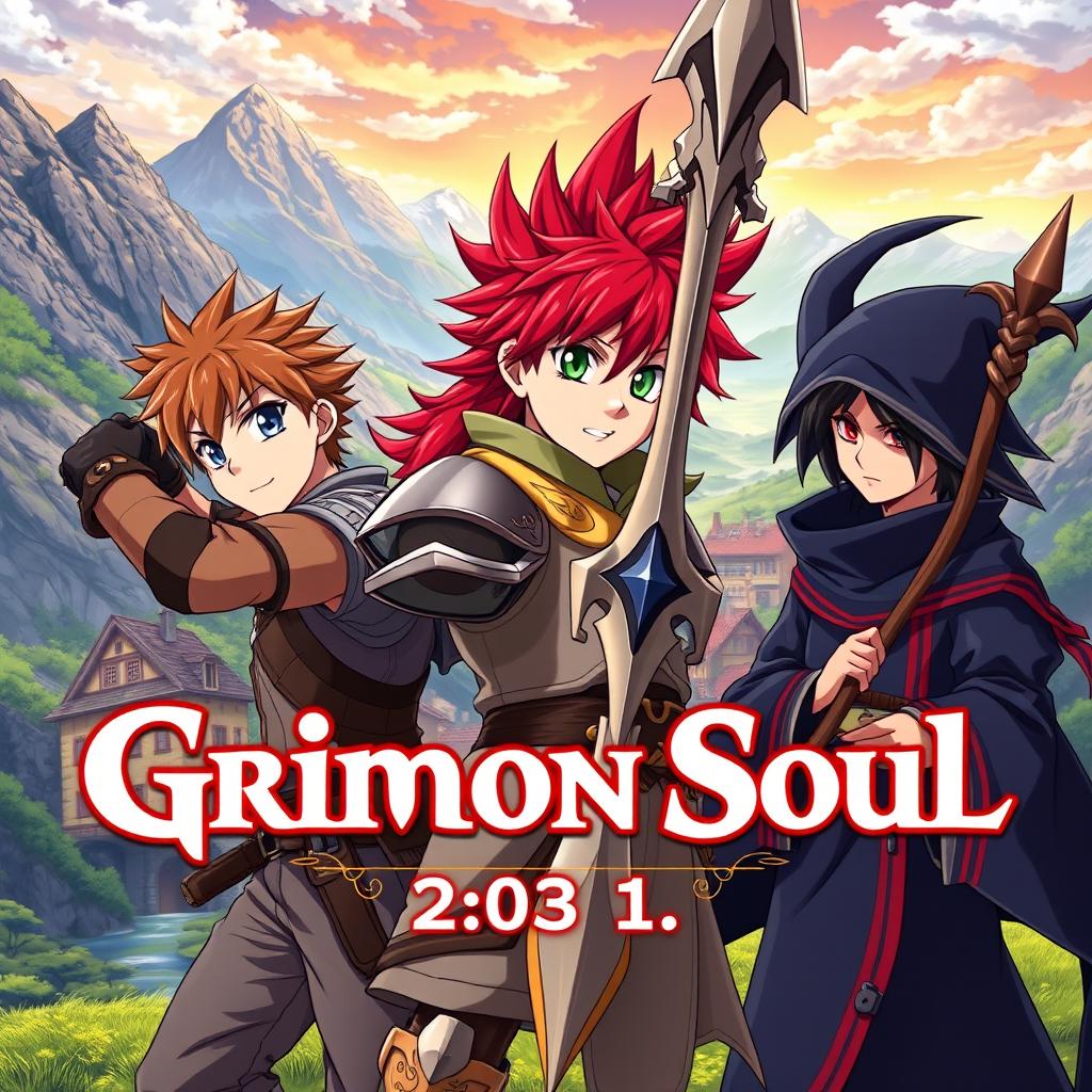 An anime cover titled "Grimon Soul" featuring three 16-year-old boys in a vibrant fantasy setting