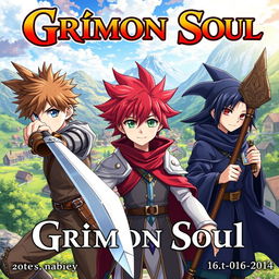 An anime cover titled "Grimon Soul" featuring three 16-year-old boys in a vibrant fantasy setting