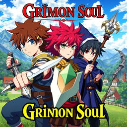 An anime cover titled "Grimon Soul" featuring three 16-year-old boys in a vibrant fantasy setting