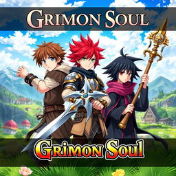 An anime cover titled "Grimon Soul" featuring three 16-year-old boys in a vibrant fantasy setting