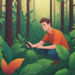 A colorful vector-design of a man in a lush forest, scanning a plant with his smartphone. The image should be 1920x1080, suitable for a web application background.