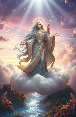 A majestic and enchanting scene depicting a Heavenly World Master, radiating power and kindness