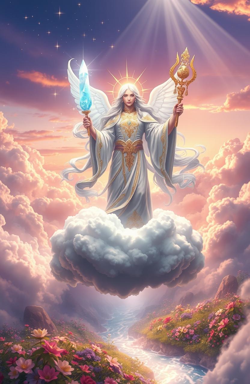 A majestic and enchanting scene depicting a Heavenly World Master, radiating power and kindness