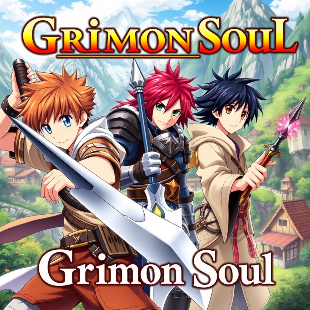 An anime cover titled "Grimon Soul" featuring three 16-year-old boys in a captivating fantasy setting