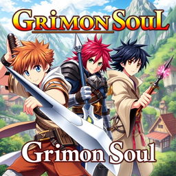 An anime cover titled "Grimon Soul" featuring three 16-year-old boys in a captivating fantasy setting