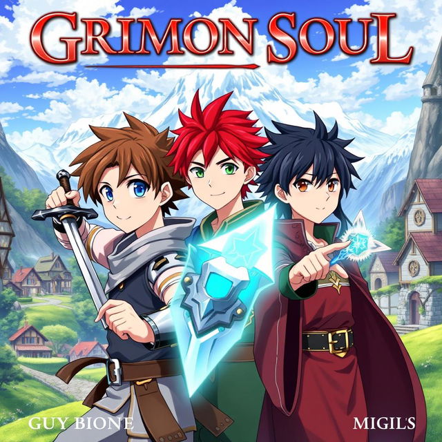 An anime cover titled "Grimon Soul" featuring three 16-year-old boys in a captivating fantasy setting