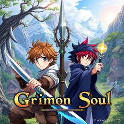 An anime cover titled "Grimon Soul" featuring three 16-year-old boys in a captivating fantasy setting