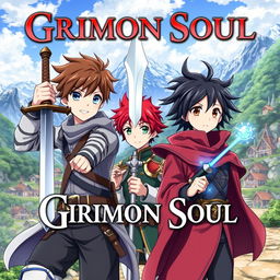 An anime cover titled "Grimon Soul" featuring three 16-year-old boys in a captivating fantasy setting