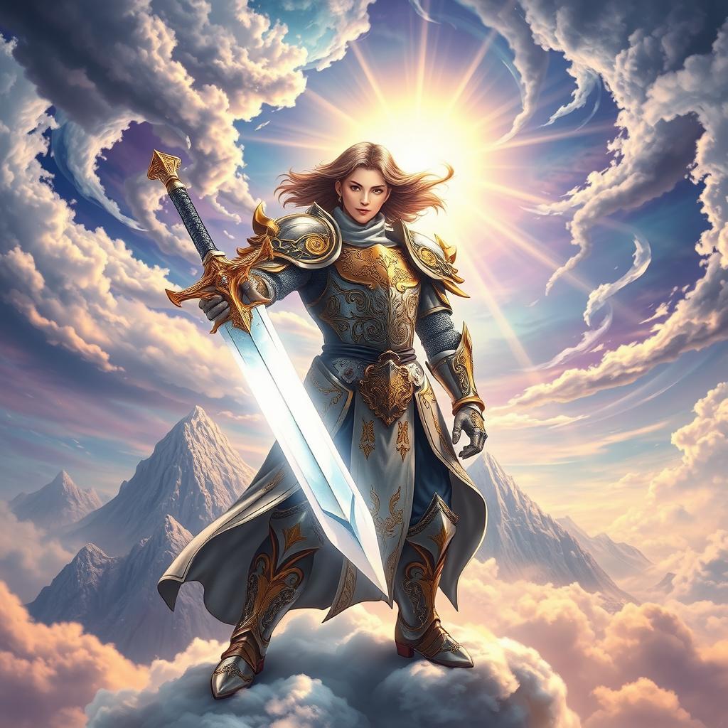 A striking scene featuring a Heavenly World Combat Knight, clad in ornate armor that gleams with a celestial glow