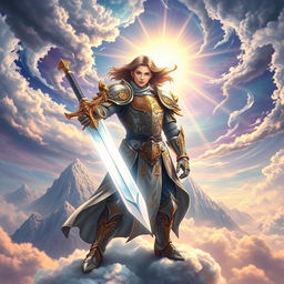 A striking scene featuring a Heavenly World Combat Knight, clad in ornate armor that gleams with a celestial glow