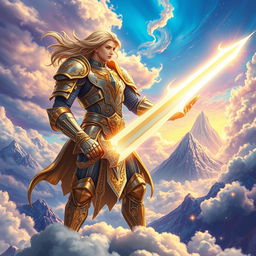 A striking scene featuring a Heavenly World Combat Knight, clad in ornate armor that gleams with a celestial glow