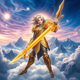 A striking scene featuring a Heavenly World Combat Knight, clad in ornate armor that gleams with a celestial glow