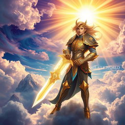 A striking scene featuring a Heavenly World Combat Knight, clad in ornate armor that gleams with a celestial glow